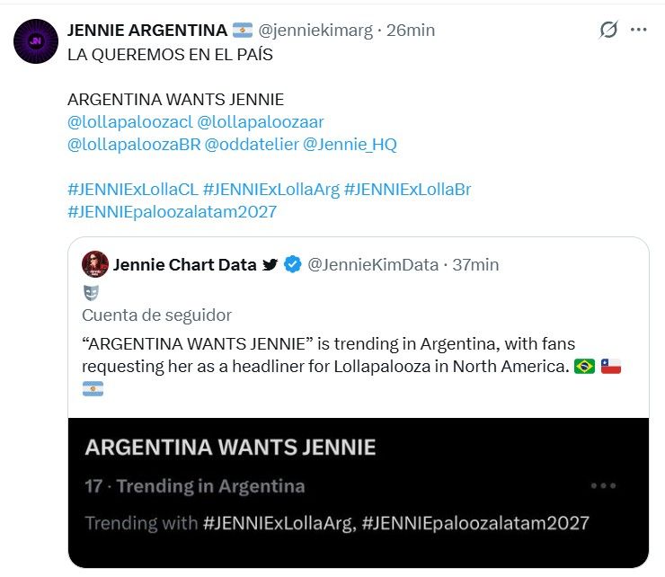 Los fans argentinos quieren a Jennie de BLACKPINK en Lollapalooza 2027