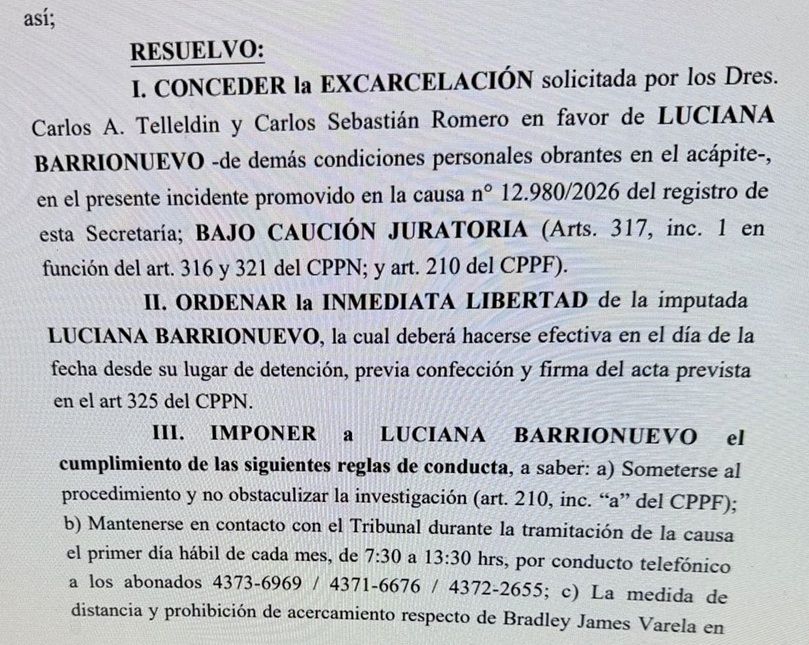 Resolución Judicial de la liberación de Luciana Martínez