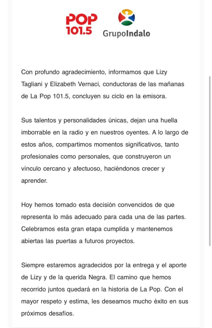 El comunicado de La Pop Radio tras la salida de Lizy Tagliani y La Negra Vernaci