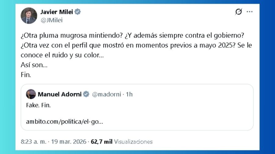 El presidente Javier Milei apoyó la desmntida de Manuel Adorni sobre su posible renuncia