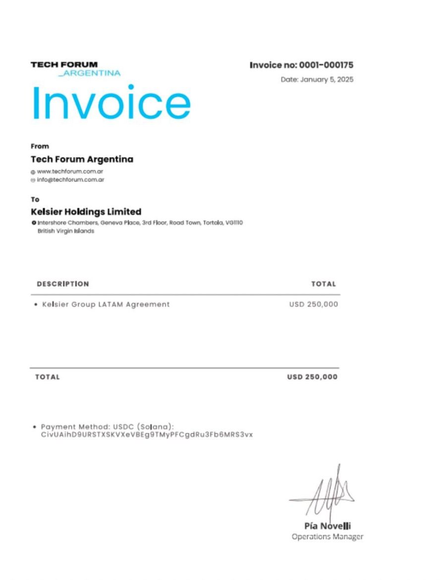 Factura firmada de Pía Novell