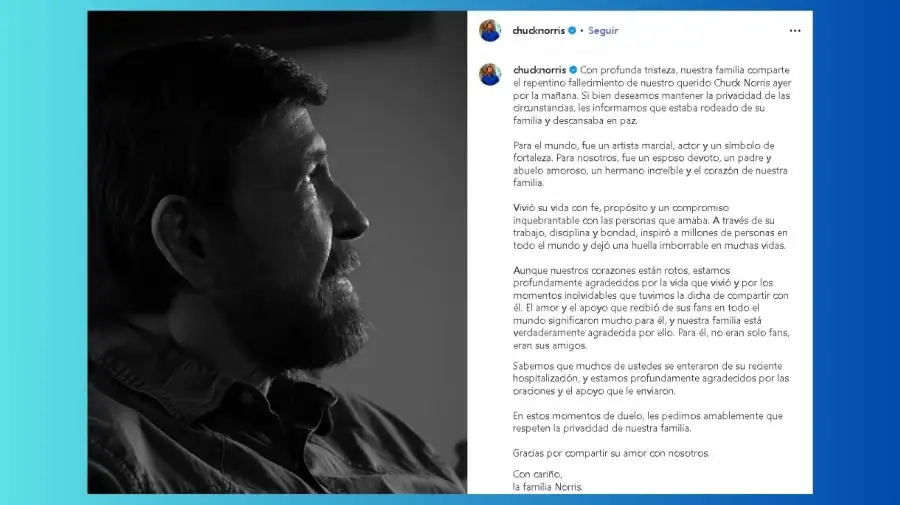 La familia de Chuck Norris confirmó el fallecimiento del actor y deportista