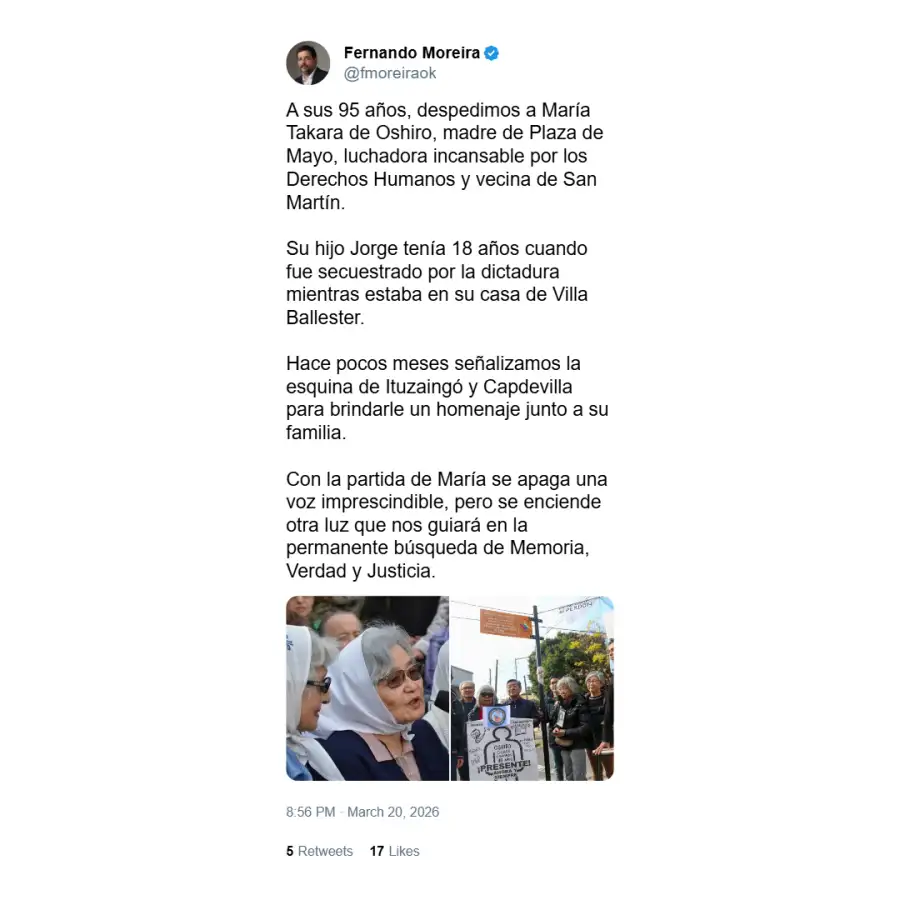 Posteo Fernando Moreira sobre la muerte de María Takara de Oshiro