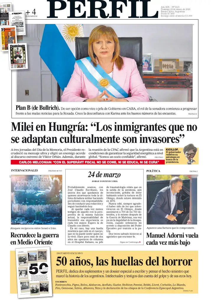 La tapa del Diario PERFIL del domingo 22 de marzo de 2026