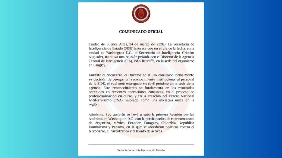 Comunicdo de la SIDE tras la reunión de su titular, Cristian Auguadra, con el director de la CIA John Ratcliffe