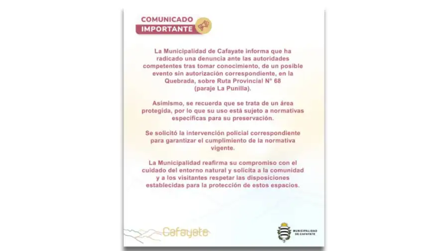 Comunicado sobre el casamiento en un área protegida de Cafayate 27032026
