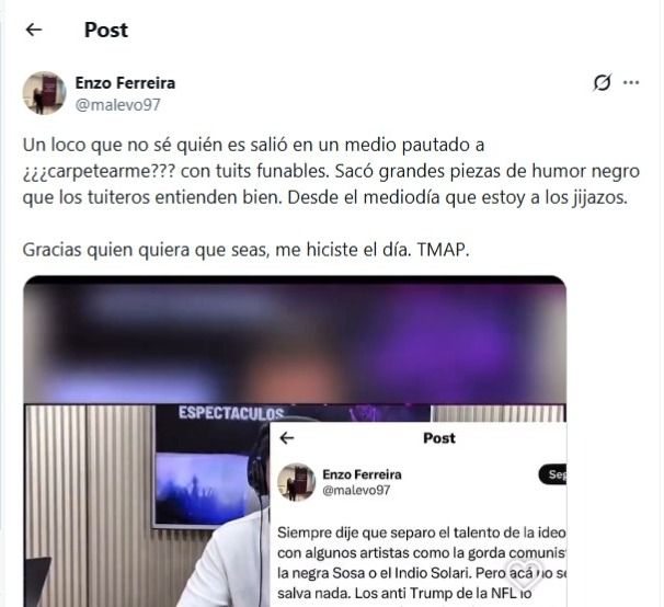 Posteo de Enzo Ferreira contra Mercedes Sosa