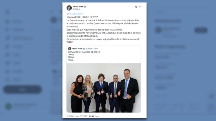 Posteo Javier Milei GANAMOS EL JUICIO DE YPF 27032026