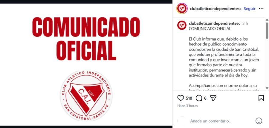 Comunicado del club donde jugaba la victima del tiroteo en Santa Fe 20260330