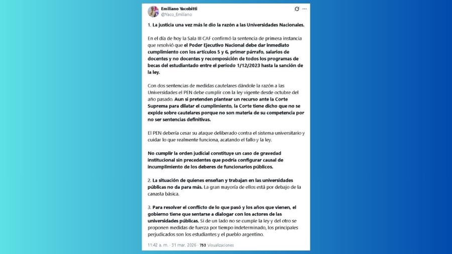 Emiliano Yacobitti afirmó que 'El Gobierno tiene que sentarse a dialogar con las universidades públicas'