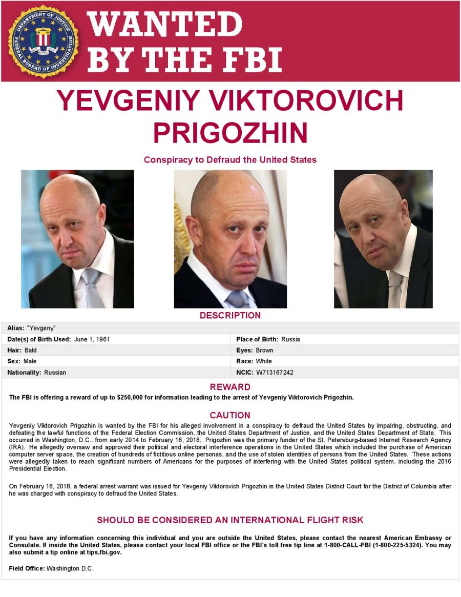 Cartel de búsqueda de Yevgueni Prigozhin del FBI