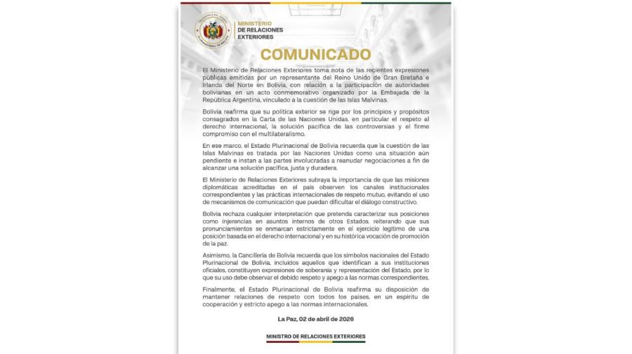 Comunicado Ministerio de Relaciones Exteriores de Bolivia 03042026