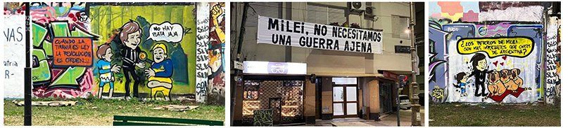 Graffitis falsos y una pancarta que nunca existió con contenidos de 'La Compañía' contra Ucrania y Javier Milei