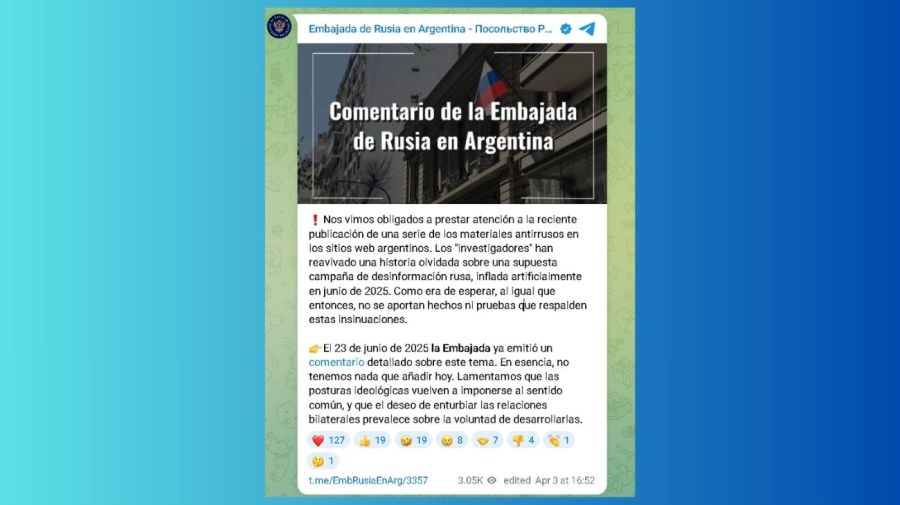 La Embajada de Rusia en Argentina desmintió la supuesta operación de desinformación en medios argentinos