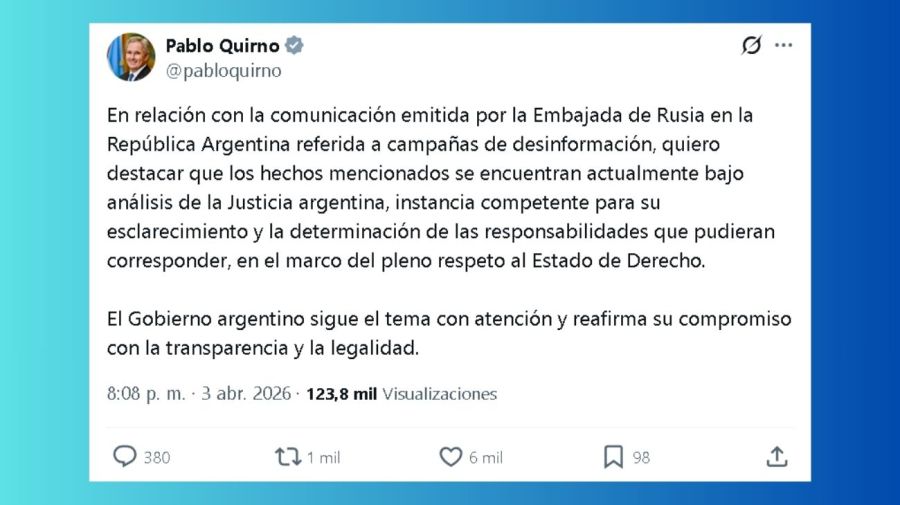 La respuesta del canciller Pablo Quirno a la Embajada de Rusia en Argentina