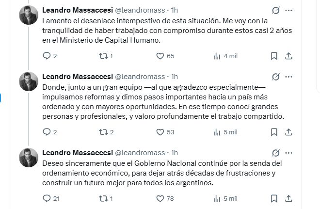 Los posteos de Leandro Massaccesi luego de que Pettovello le pidiera la renuncia en Capital Humano y hablando de su préstamo en el BNA.