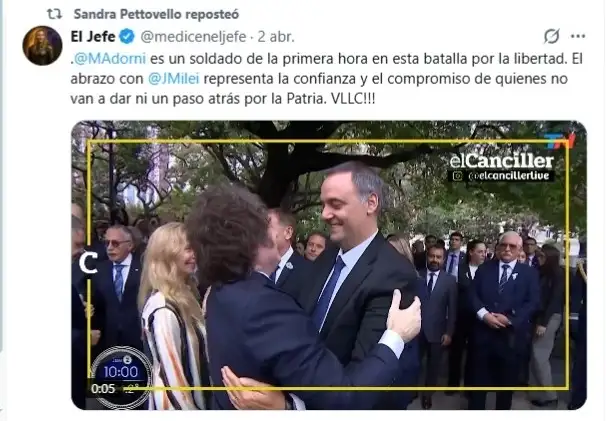 Reposteo de Sandra Pettovello apoyando a Manuel Adorni