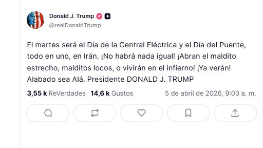 Mensajes de Trump este domingo 5 de abril sobre Irán: furia y contradicciones.