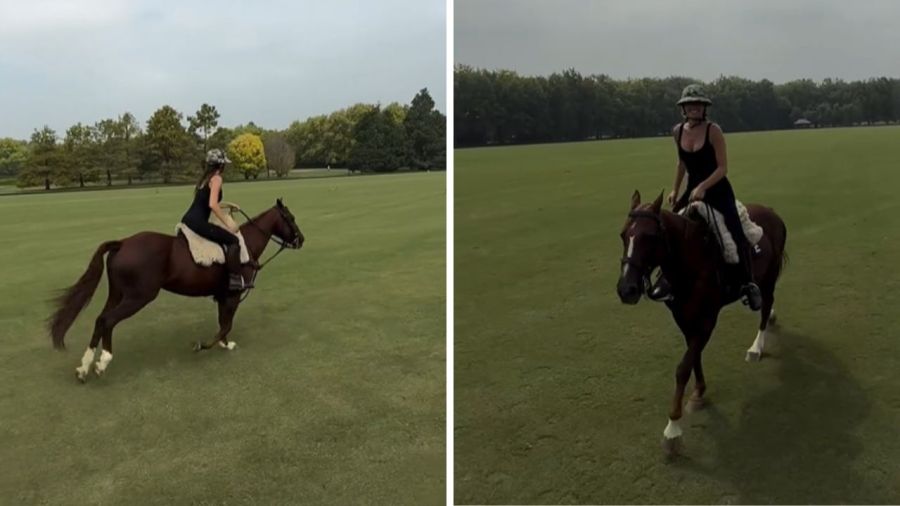 Pampita montando a caballo