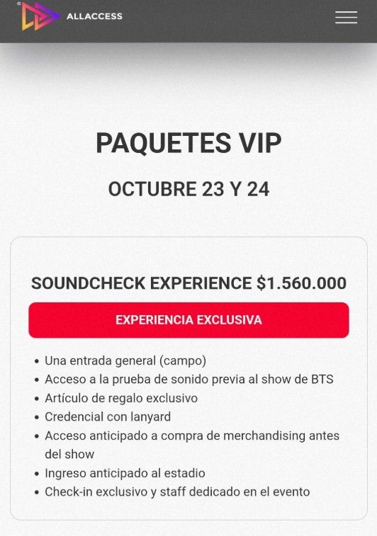 Valor paquete VIP BTS en Argentina