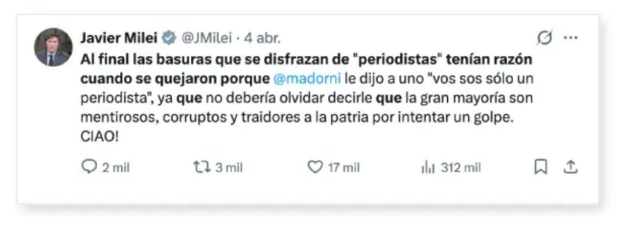 Tuit de Javier Milei del 4 de abril en el que llamó 'basuras' a los periodistas