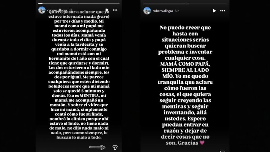 El durísimo descargo de Allegra Cubero tras la polémica entre sus padres por su internación: 