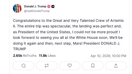 El posteo de Trump felicitando a todos los que participaron del éxito de Artemis II.