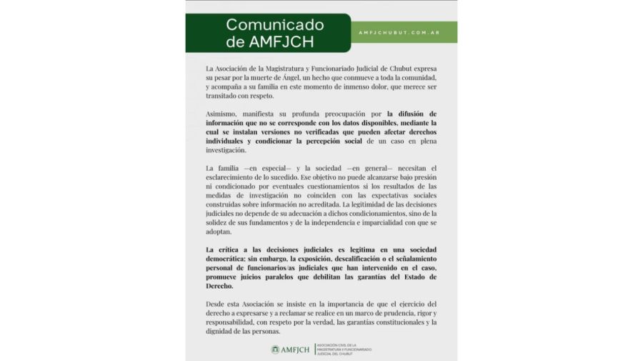 Comunicado de la Asociación de la Magistratura y Funcionariado Judicial de Chubut (AMFJCH)
