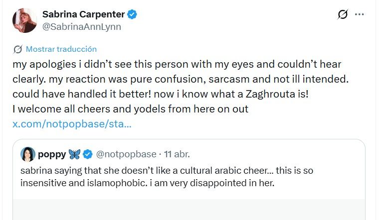 Disculpas de Sabrina Carpenter