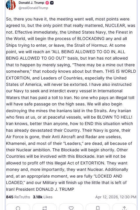 El posteo de Trump anunciando que EE.UU. no dejará pasar a nadie en Ormuz.