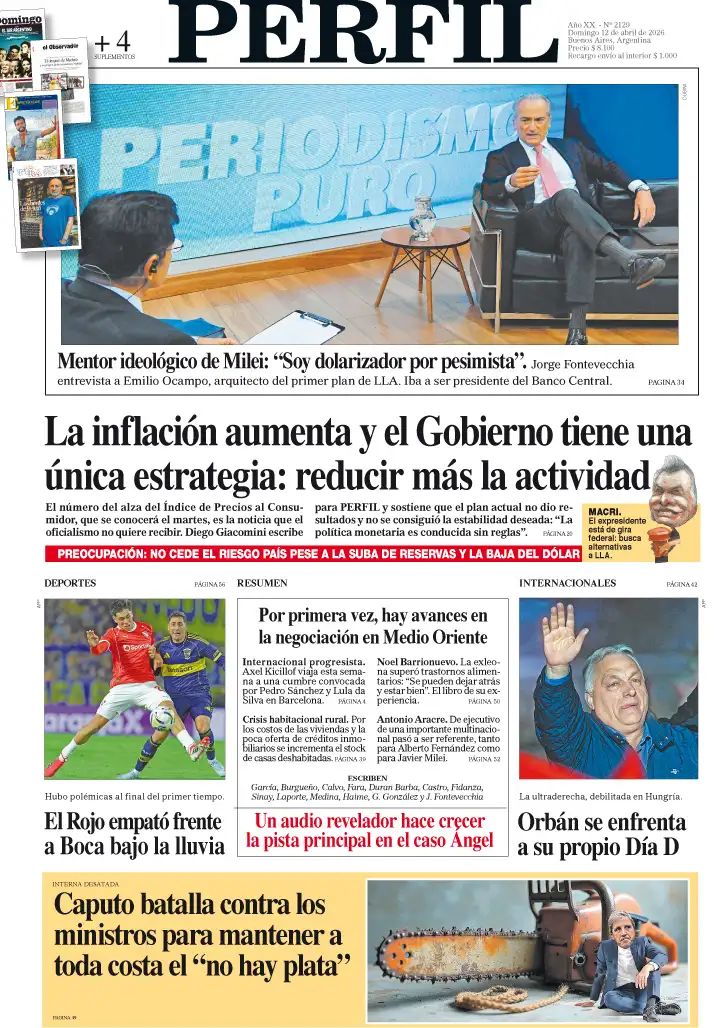 La tapa del Diario PERFIL del domingo 12 de abril de 2026