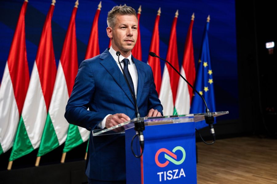 Peter Magyar during a news conference following his election victory, in Budapest, on April 13. 