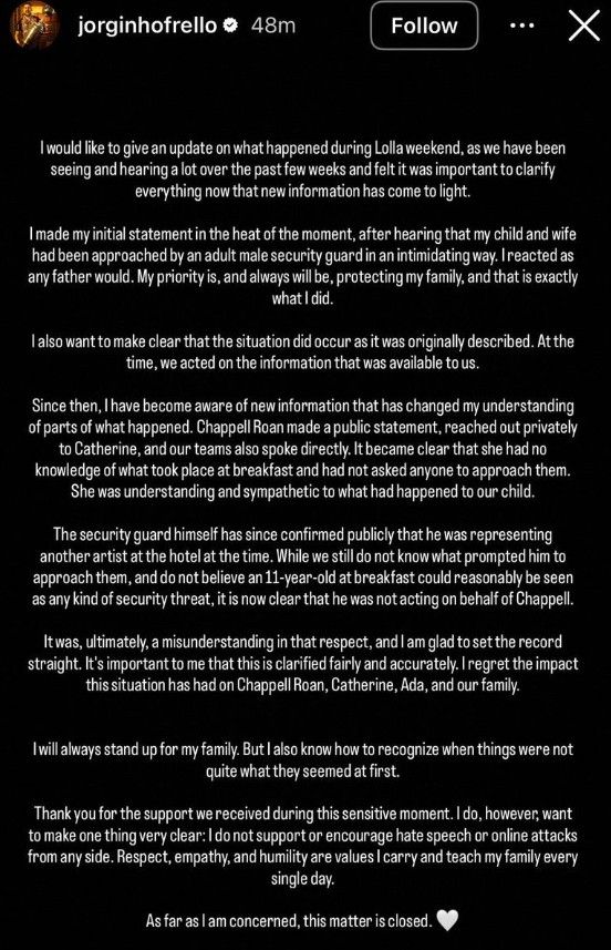 Nuevo comunicado de Jorginho desligando a Chapelle Roan del escándalo con su hijastra