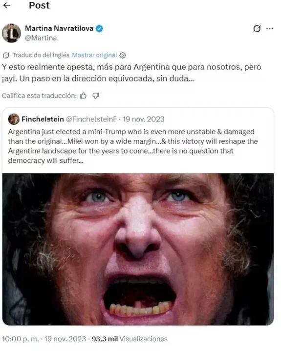 Martina Navratilova apuntó contra Javier Milei