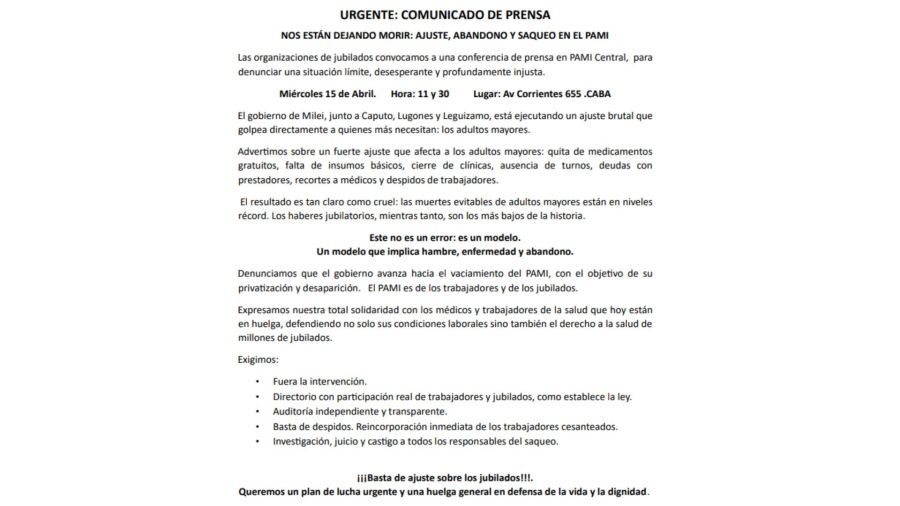 “Nos están dejando morir”: jubilados convocan a conferencia en el PAMI Central y denuncian ajuste brutal