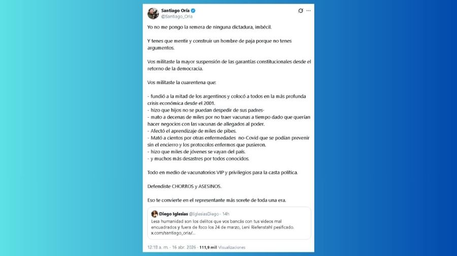 El cineasta de Milei, Santiago Oria, contraatacó dijo que Diego Iglesias es 'el representante más sorete de toda una era'