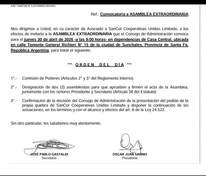 Pedido de Quiebra de Sancor, 15 de abril de 2026.