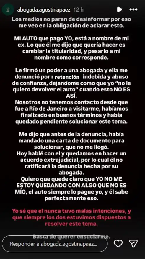 Publicación de Agostina Páez sobre la denuncia de su expareja por retención indebida de un automóvil
