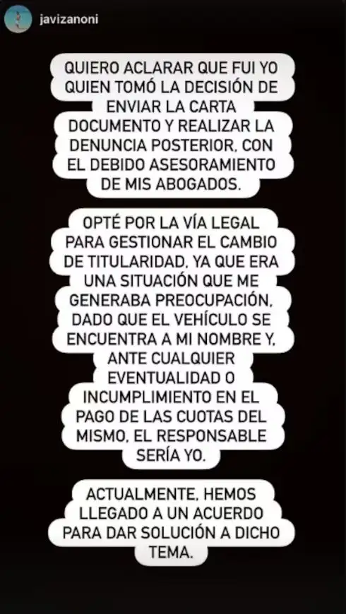 Publicación de la expareja de Agostina Páez por la denuncia por retención indebida de un automóvil