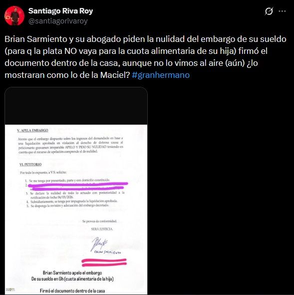 Brian Sarmiento y su abogado pidió la nulidad del embargo de su sueldo en Gran Hermano