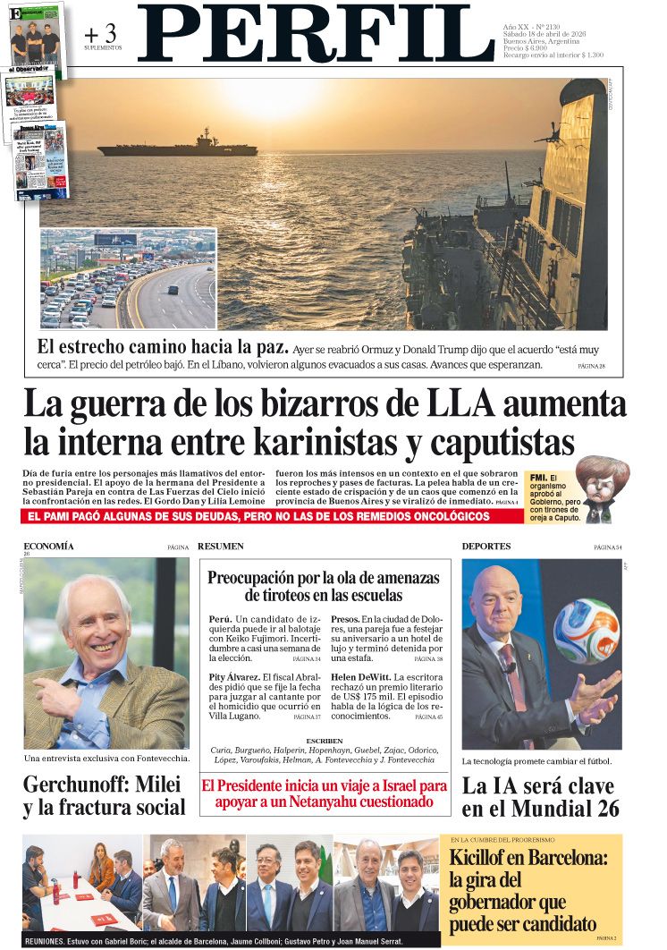 La tapa del Diario PERFIL del sábado 18 de abril de 2026