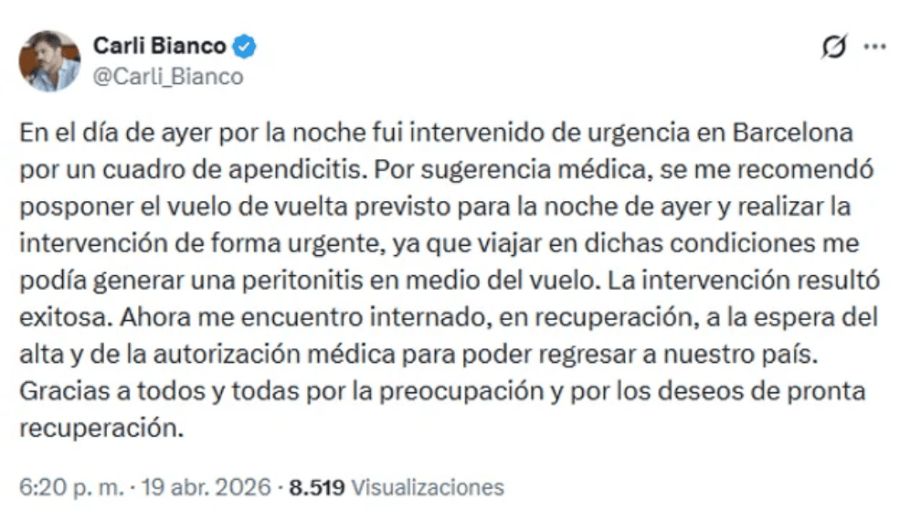 Tuit Carlos Bianco apendicitis