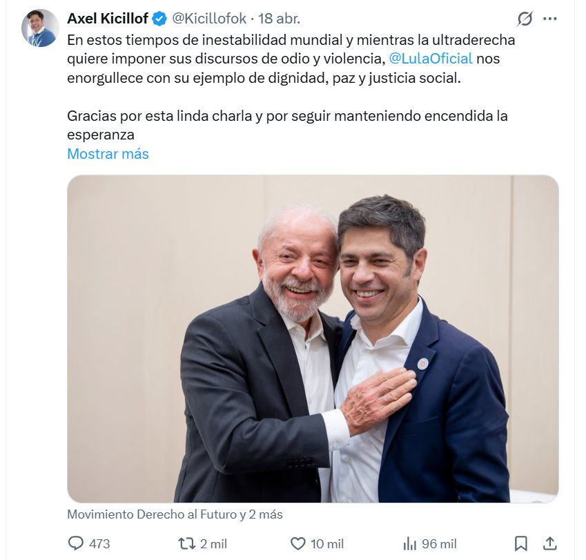 Tuit de Kicillof con Lula Da Silva