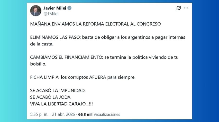 El presidente Javier Milei anunció la reforma electoral. Busca eliminar las PASO e incorporar Ficha Limpia