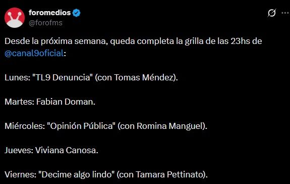 Grilla del prime time de El Nueve con las incorporaciones de Fabián Doman y Viviana Canosa