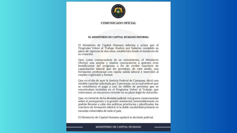 El Ministerio de Capital Humano apelará la cautelar que ordena continuar el pago del Programa Volver al Trabajo