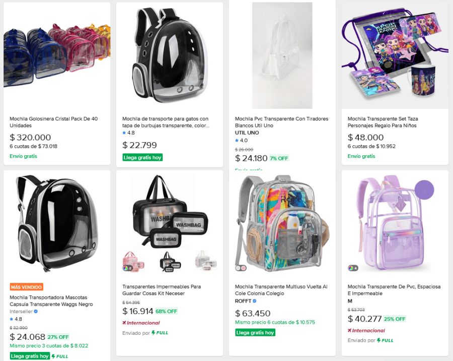 Precios de mochilas en Mercado Libre