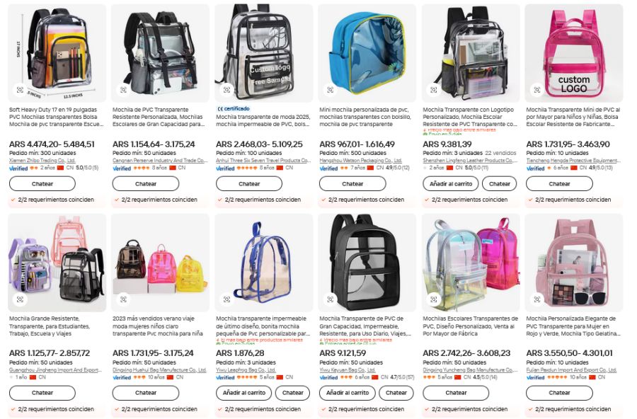 Precios de mochilas transparentes en Alibaba