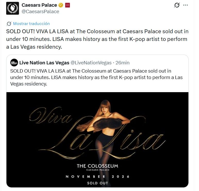 Lisa hizo sold out de su residencia en La Vegas en menos de 10 minutos