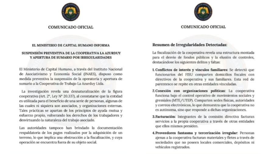 Capital Humano suspendió a la cooperativa La Azurduy